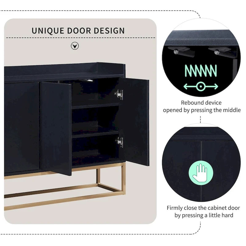 Bahut buffet 4 portes à ouverture par pression, noir/bleu marine/blanc, assemblage par 2 personnes, 119,9 cm de large