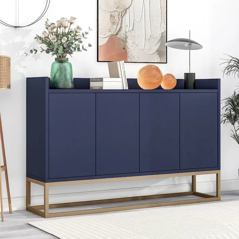 Bahut buffet 4 portes à ouverture par pression, noir/bleu marine/blanc, assemblage par 2 personnes, 119,9 cm de large