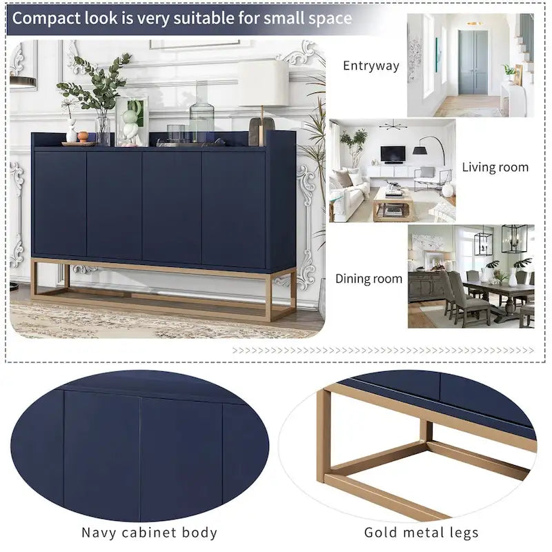 Bahut buffet 4 portes à ouverture par pression, noir/bleu marine/blanc, assemblage par 2 personnes, 119,9 cm de large