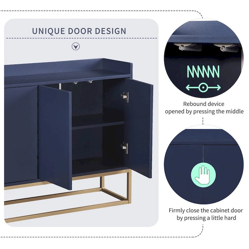 Bahut buffet 4 portes à ouverture par pression, noir/bleu marine/blanc, assemblage par 2 personnes, 119,9 cm de large