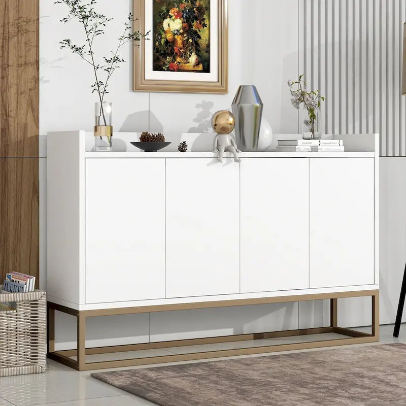 Bahut buffet 4 portes à ouverture par pression, noir/bleu marine/blanc, assemblage par 2 personnes, 119,9 cm de large