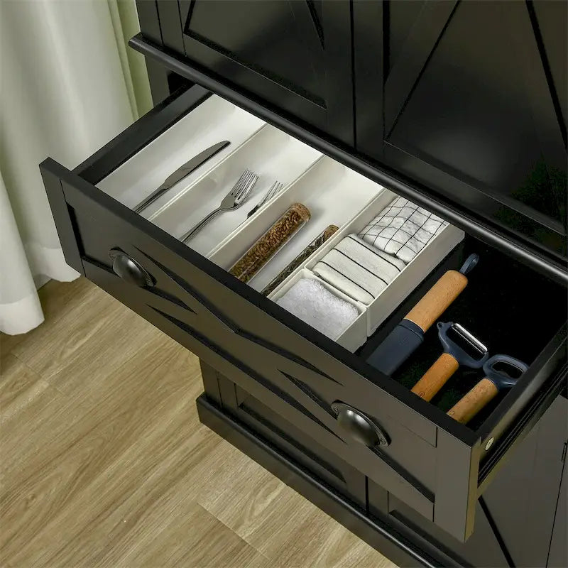 Meuble de cuisine autoportant noir à 4 portes avec 6 étagères et 1 tiroir
