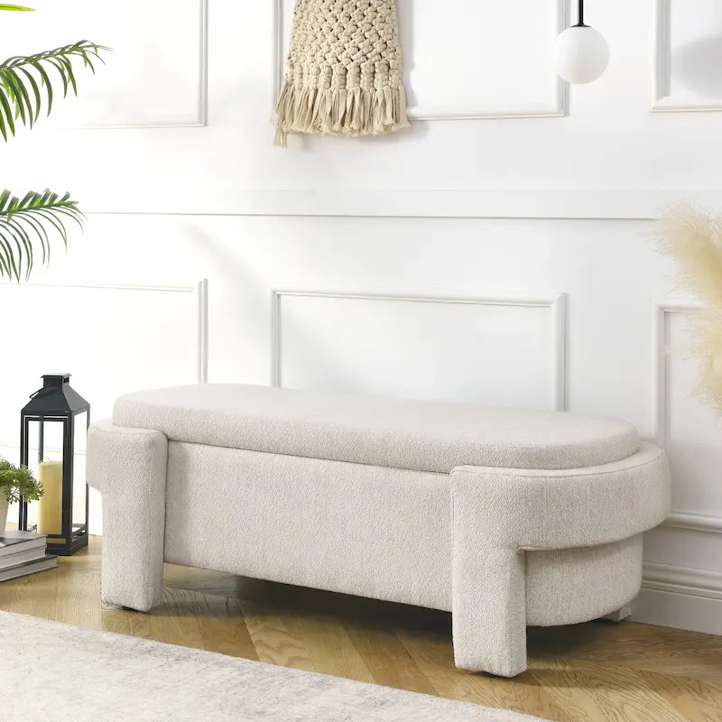 Banc de rangement en lin beige/blanc – 2 places, aucun assemblage requis