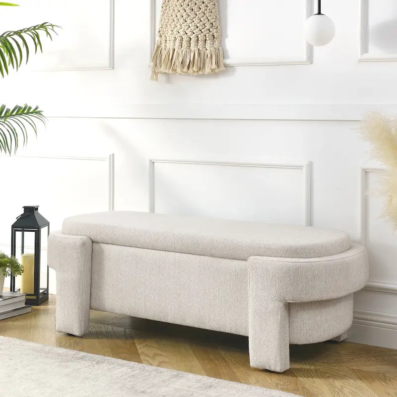 Banc de rangement en lin beige/blanc – 2 places, aucun assemblage requis
