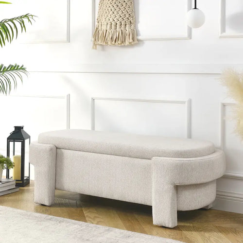 Banc de rangement en lin beige/blanc – 2 places, aucun assemblage requis