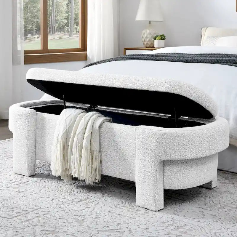 Banc de rangement en lin beige/blanc – 2 places, aucun assemblage requis