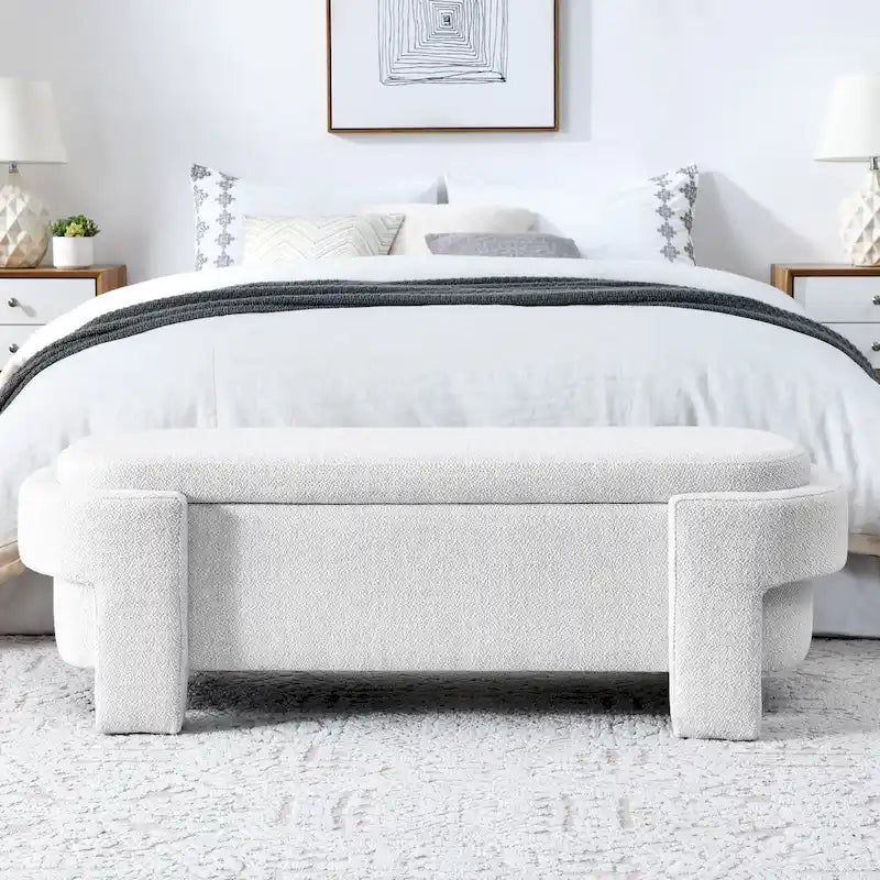 Banc de rangement en lin beige/blanc – 2 places, aucun assemblage requis