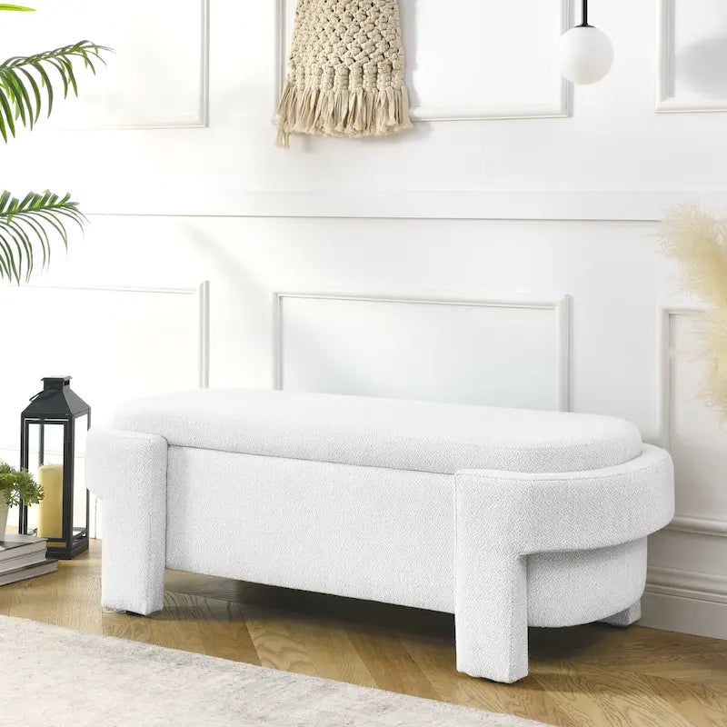 Banc de rangement en lin beige/blanc – 2 places, aucun assemblage requis