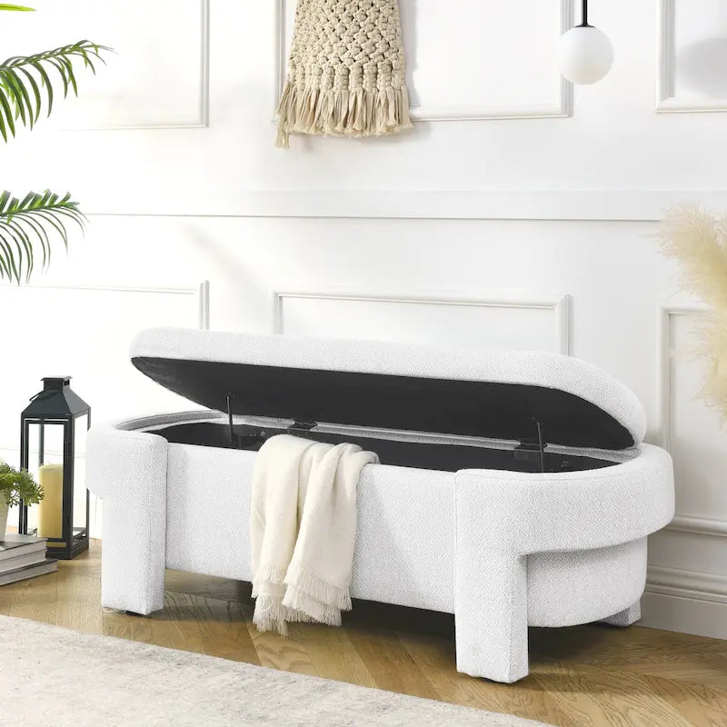 Banc de rangement en lin beige/blanc – 2 places, aucun assemblage requis