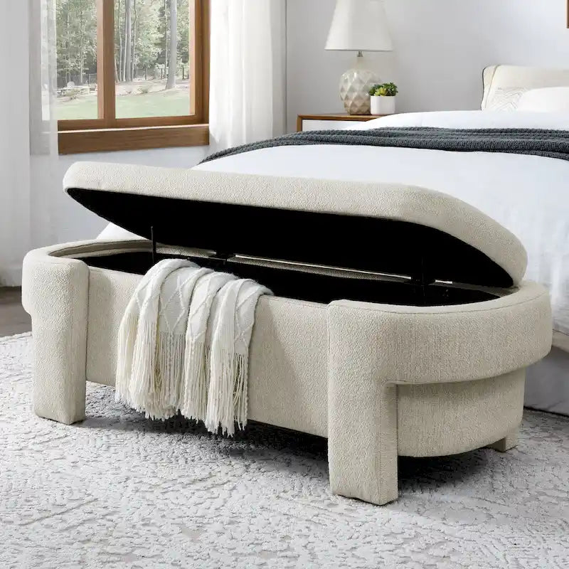 Banc de rangement en lin beige/blanc – 2 places, aucun assemblage requis