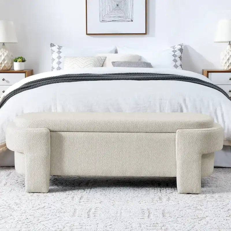 Banc de rangement en lin beige/blanc – 2 places, aucun assemblage requis