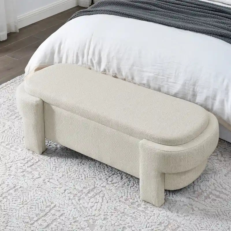 Banc de rangement en lin beige/blanc – 2 places, aucun assemblage requis