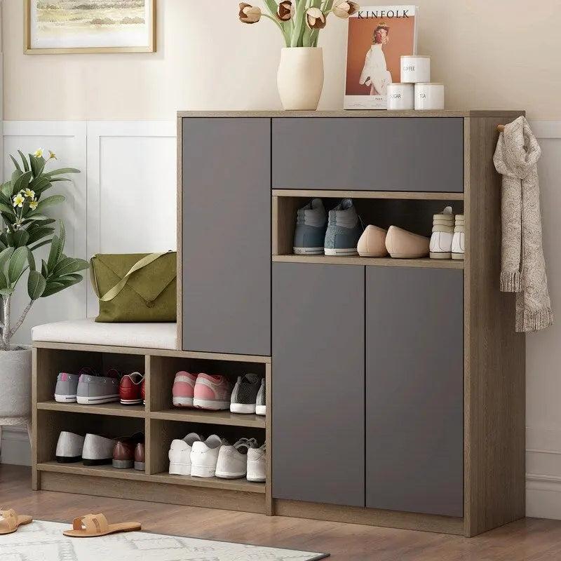 Banc de rangement pour chaussures blanc/gris foncé avec siège rembourré, 15-20 paires