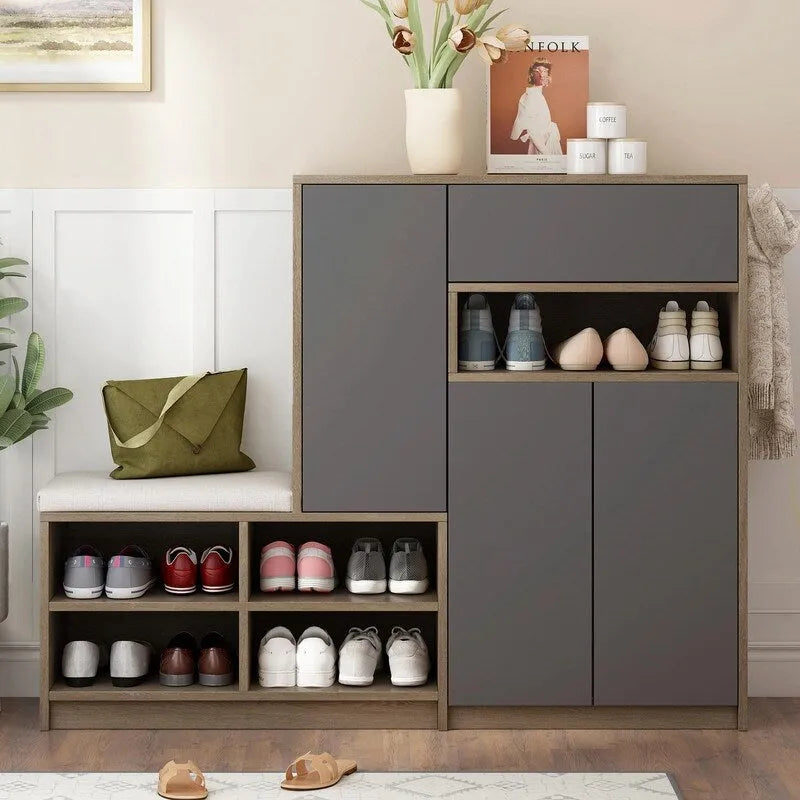 Banc de rangement pour chaussures blanc/gris foncé avec siège rembourré, 15-20 paires