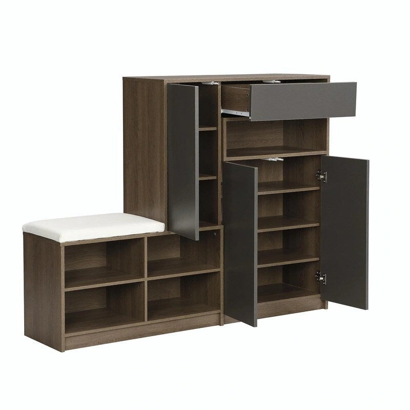 Banc de rangement pour chaussures blanc/gris foncé avec siège rembourré, 15-20 paires