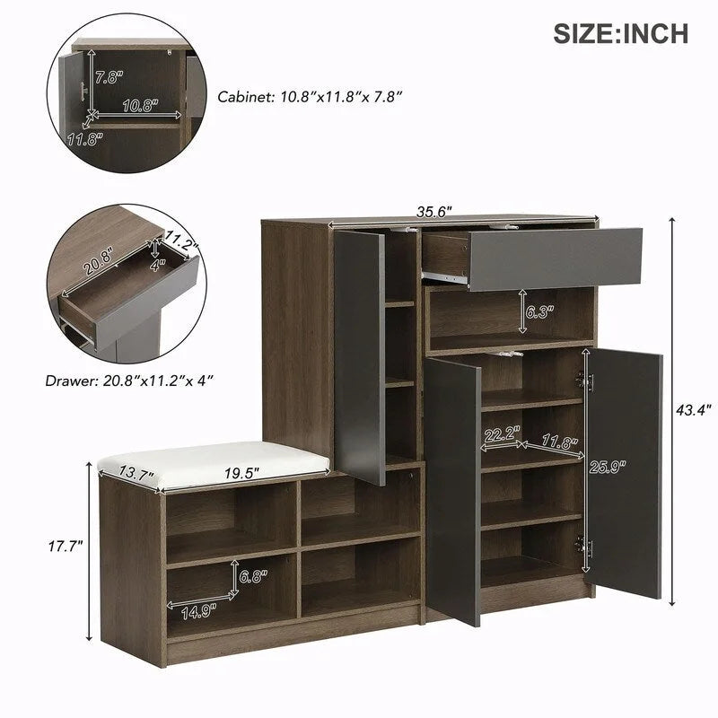 Banc de rangement pour chaussures blanc/gris foncé avec siège rembourré, 15-20 paires