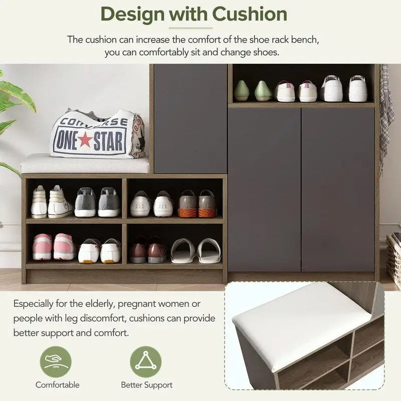 Banc de rangement pour chaussures blanc/gris foncé avec siège rembourré, 15-20 paires