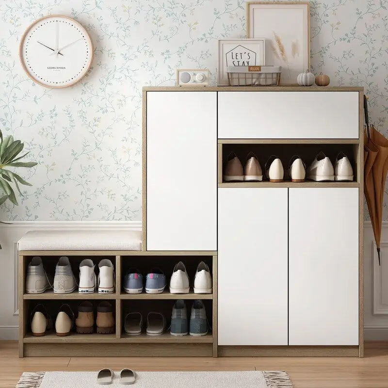 Banc de rangement pour chaussures blanc/gris foncé avec siège rembourré, 15-20 paires