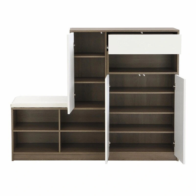 Banc de rangement pour chaussures blanc/gris foncé avec siège rembourré, 15-20 paires