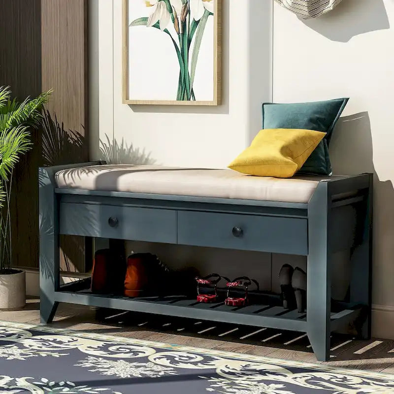 Banc de rangement d'entrée en vieux pin/bleu marine antique avec coussin et 2 tiroirs, 1 personne