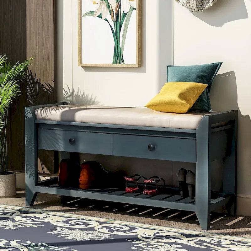 Shoe Rack with Cushioned Seat and Drawers, Multipurpose Entryway Storage Bench