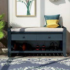 Banc de rangement d'entrée en vieux pin/bleu marine antique avec coussin et 2 tiroirs, 1 personne