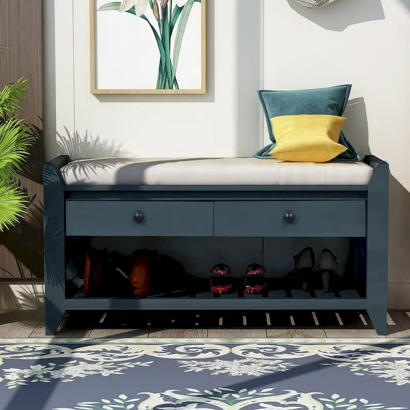 Banc de rangement d'entrée en vieux pin/bleu marine antique avec coussin et 2 tiroirs, 1 personne