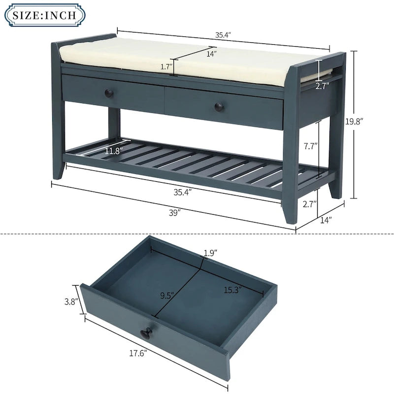 Banc de rangement d'entrée en vieux pin/bleu marine antique avec coussin et 2 tiroirs, 1 personne