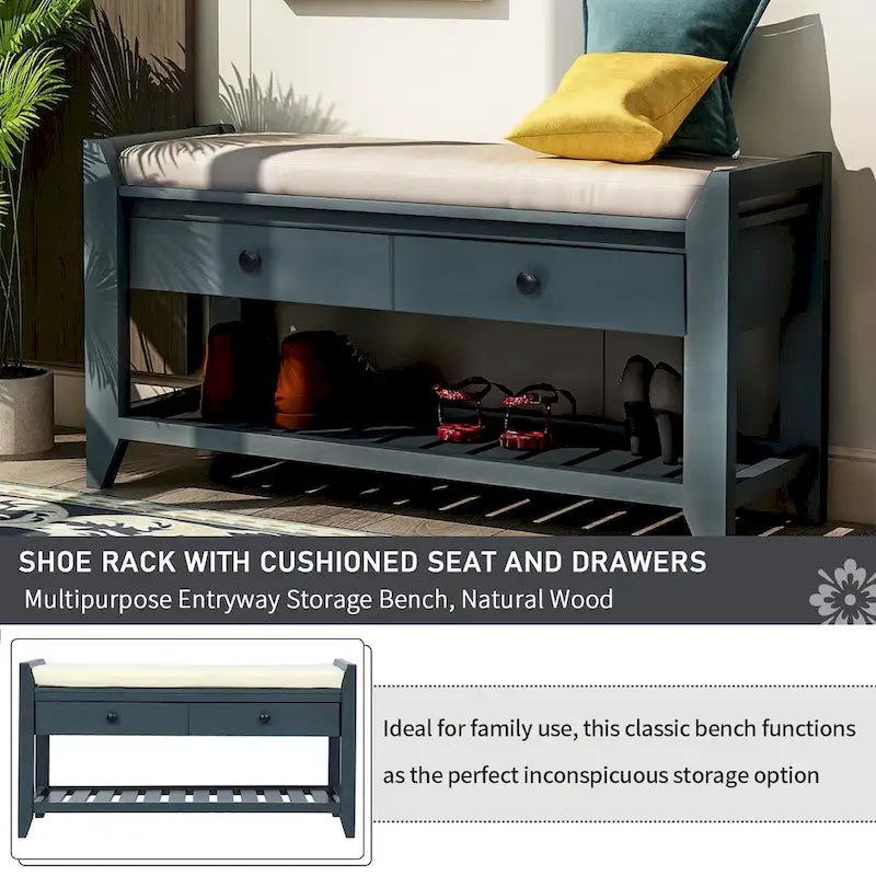 Banc de rangement d'entrée en vieux pin/bleu marine antique avec coussin et 2 tiroirs, 1 personne