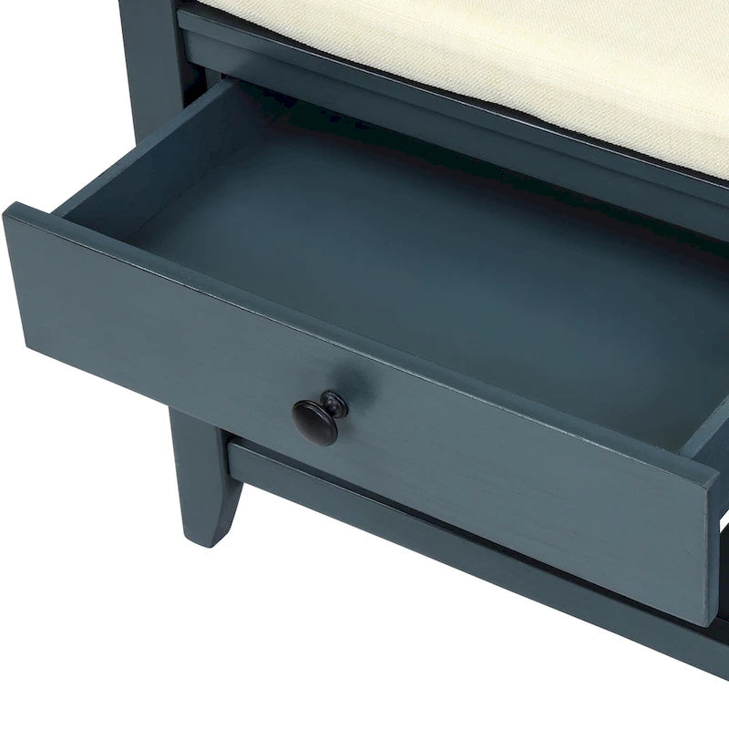 Banc de rangement d'entrée en vieux pin/bleu marine antique avec coussin et 2 tiroirs, 1 personne