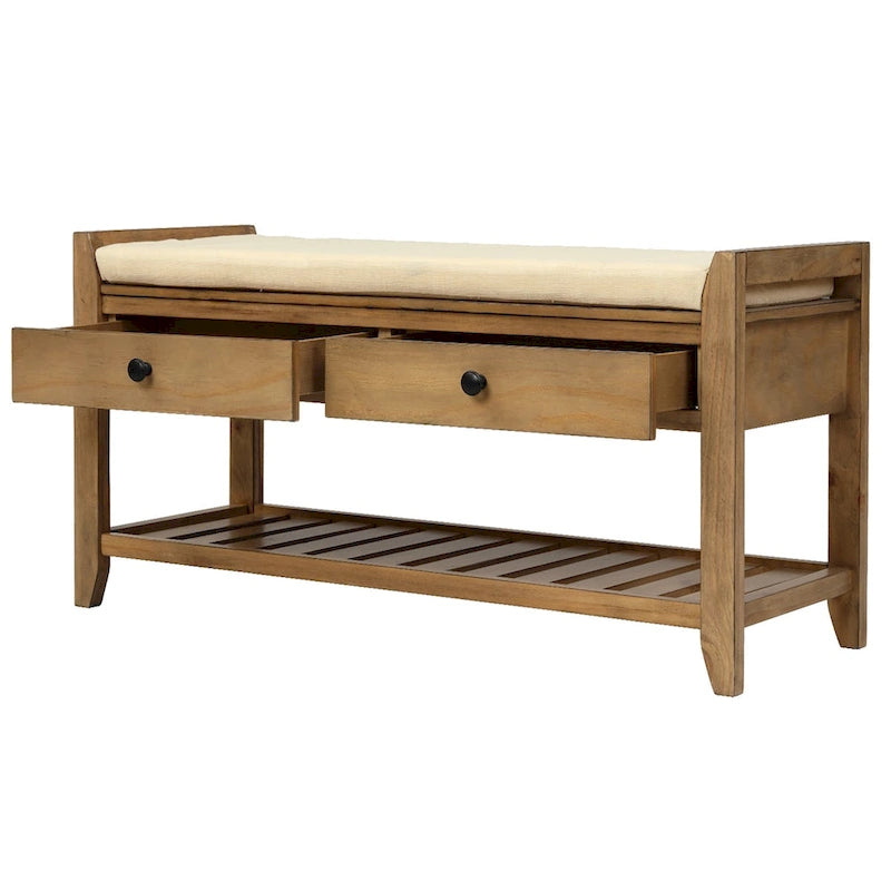 Banc de rangement d'entrée en vieux pin/bleu marine antique avec coussin et 2 tiroirs, 1 personne