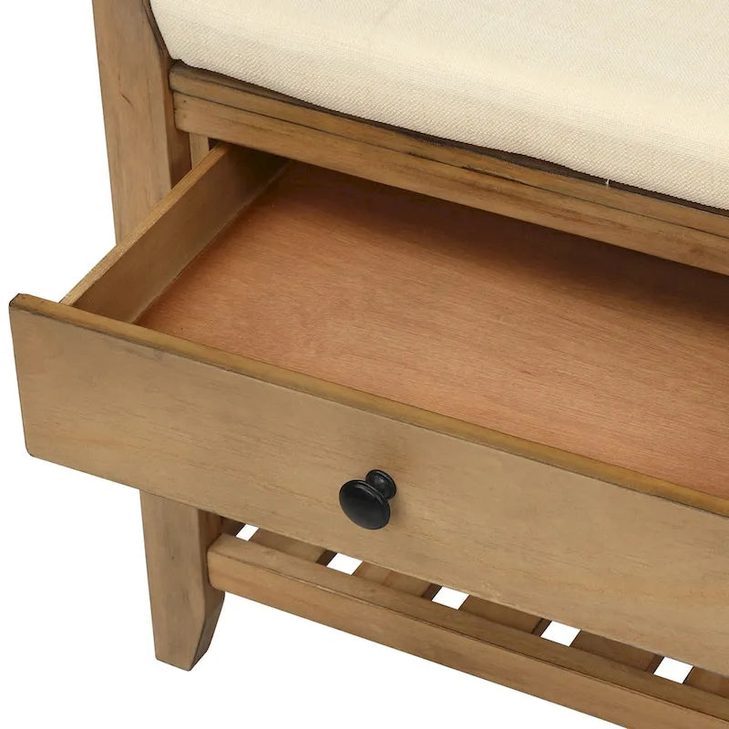 Banc de rangement d'entrée en vieux pin/bleu marine antique avec coussin et 2 tiroirs, 1 personne