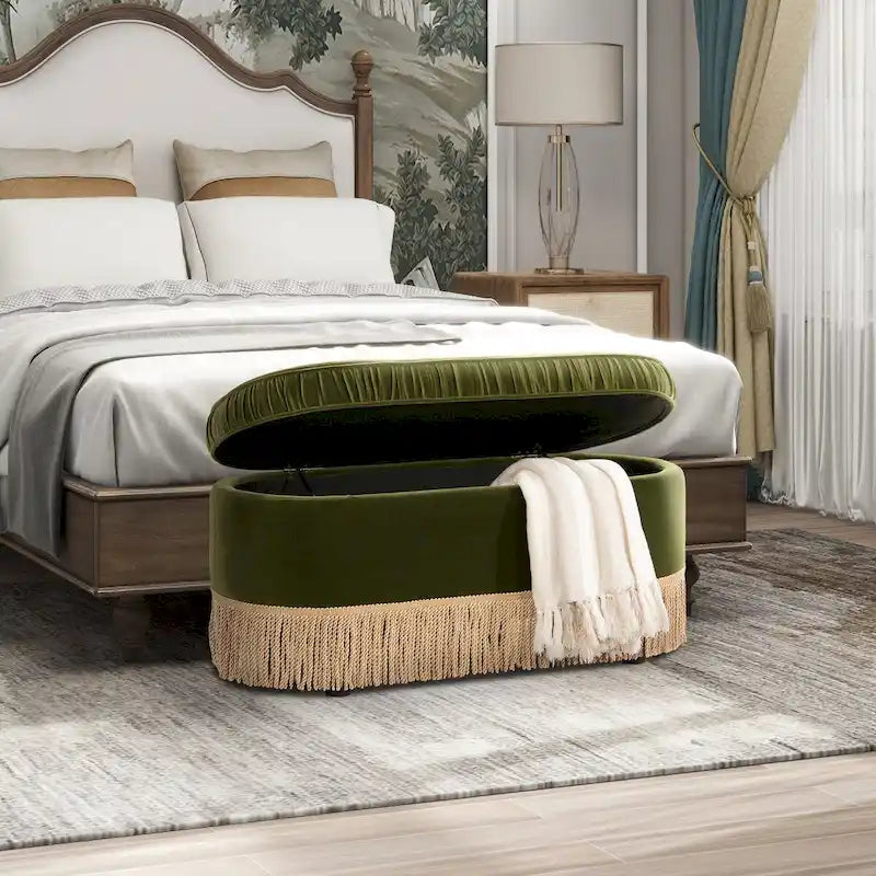 Banc de rangement ottoman ovale pêche orangé / vert olive, velours froncé, 1 personne