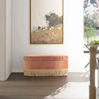 Banc de rangement ottoman ovale pêche orangé / vert olive, velours froncé, 1 personne