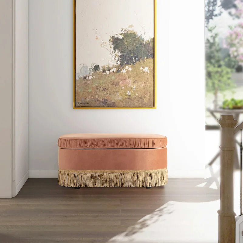 Banc de rangement ottoman ovale pêche orangé / vert olive, velours froncé, 1 personne