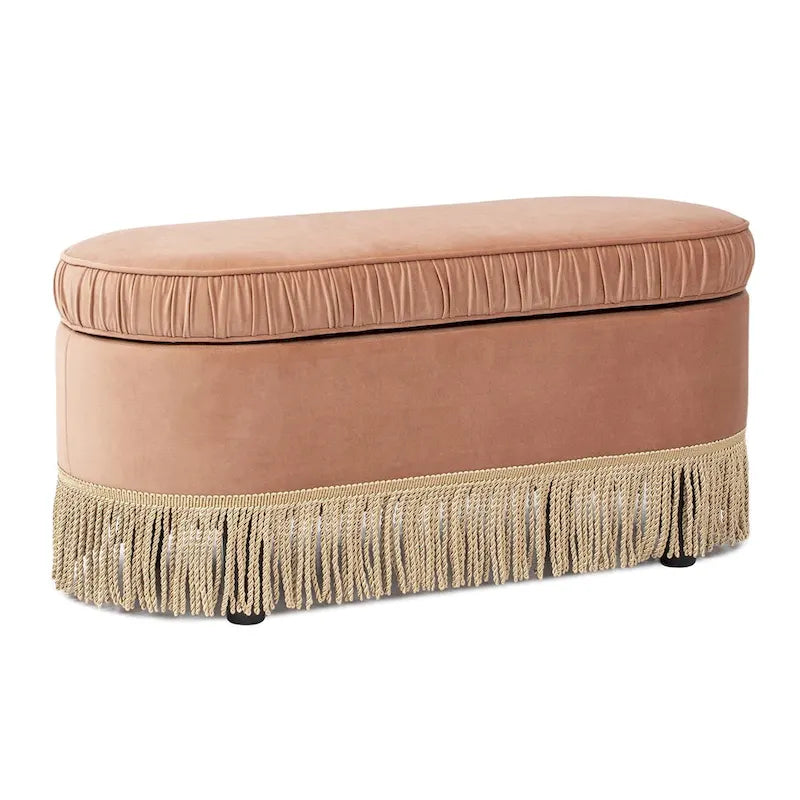 Banc de rangement ottoman ovale pêche orangé / vert olive, velours froncé, 1 personne