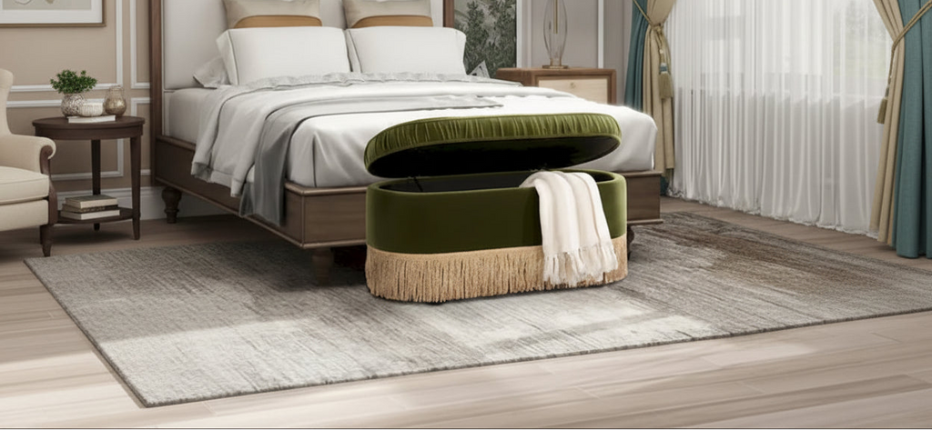 Banc de rangement ottoman ovale pêche orangé / vert olive, velours froncé, 1 personne