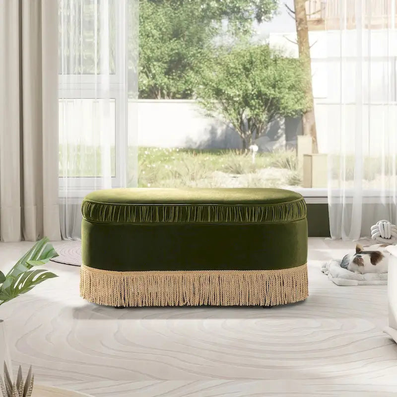 Banc de rangement ottoman ovale pêche orangé / vert olive, velours froncé, 1 personne