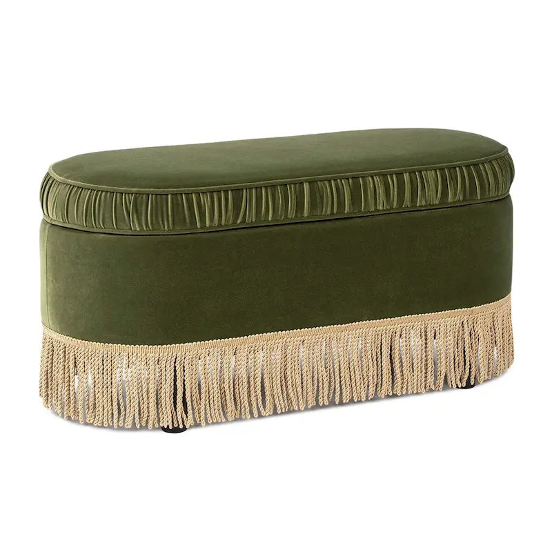 Banc de rangement ottoman ovale pêche orangé / vert olive, velours froncé, 1 personne