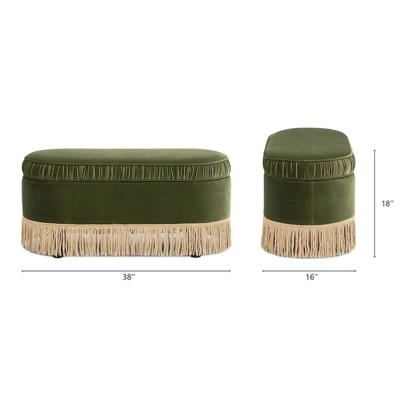 Banc de rangement ottoman ovale pêche orangé / vert olive, velours froncé, 1 personne
