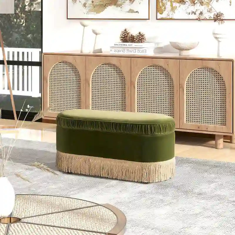 Banc de rangement ottoman ovale pêche orangé / vert olive, velours froncé, 1 personne