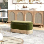 Banc de rangement ottoman ovale pêche orangé / vert olive, velours froncé, 1 personne