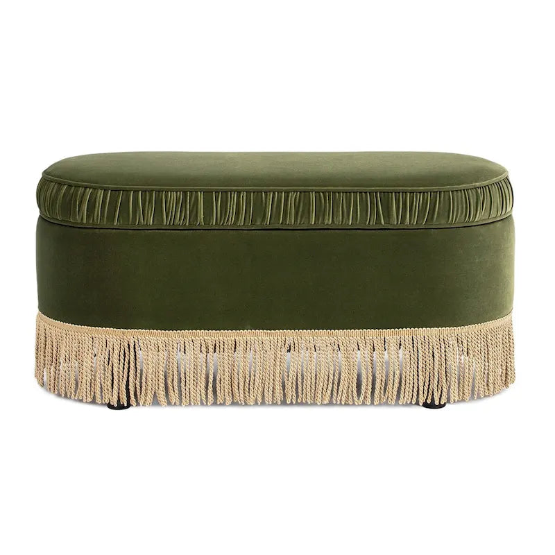 Banc de rangement ottoman ovale pêche orangé / vert olive, velours froncé, 1 personne