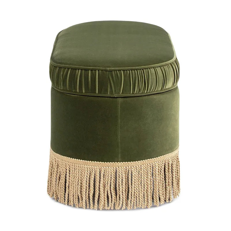 Banc de rangement ottoman ovale pêche orangé / vert olive, velours froncé, 1 personne