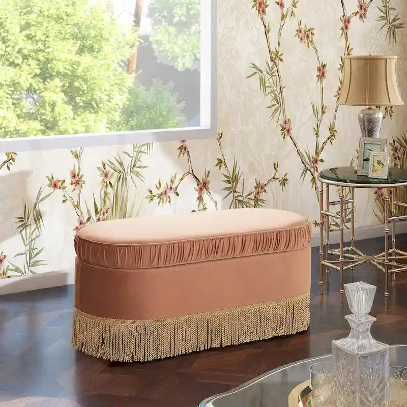 Banc de rangement ottoman ovale pêche orangé / vert olive, velours froncé, 1 personne