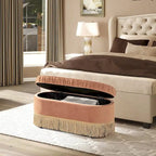Banc de rangement ottoman ovale pêche orangé / vert olive, velours froncé, 1 personne
