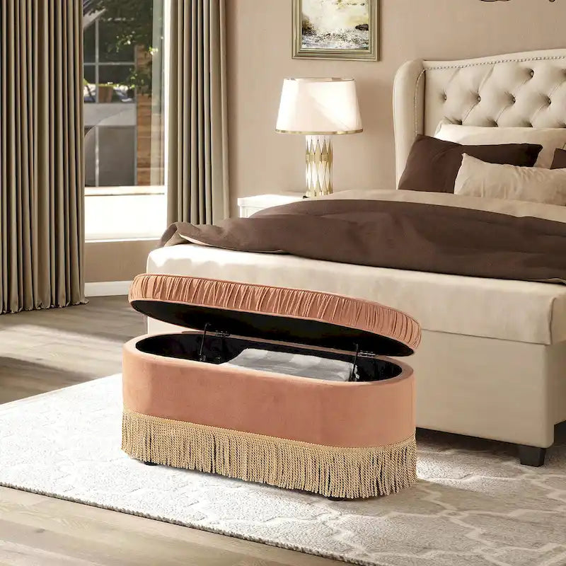 Banc de rangement ottoman ovale pêche orangé / vert olive, velours froncé, 1 personne