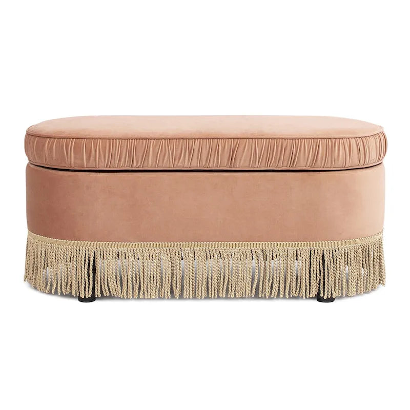 Banc de rangement ottoman ovale pêche orangé / vert olive, velours froncé, 1 personne