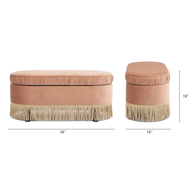 Banc de rangement ottoman ovale pêche orangé / vert olive, velours froncé, 1 personne