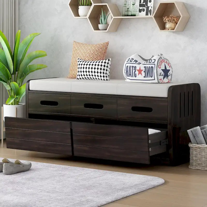 Banc de rangement rustique avec tiroirs pour 2 personnes – Espresso/Bois naturel/Bleu marine/Blanc